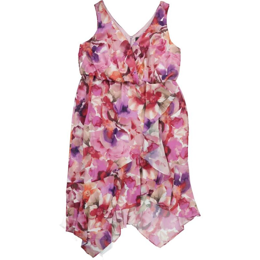 XSCAPE Womens Plus Size Floral Blouson High-Low Dress, NWT